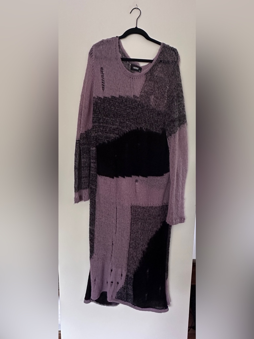 Distressed Sheer Patchwork Long Knit Dress - Mauve & Charcoal